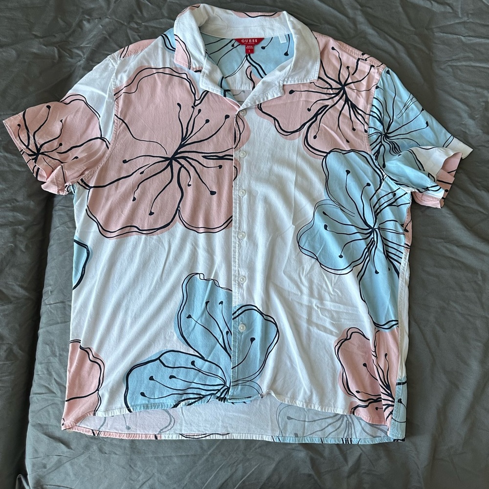 Guess Men's Floral Casual Shirt in Pink and Blue